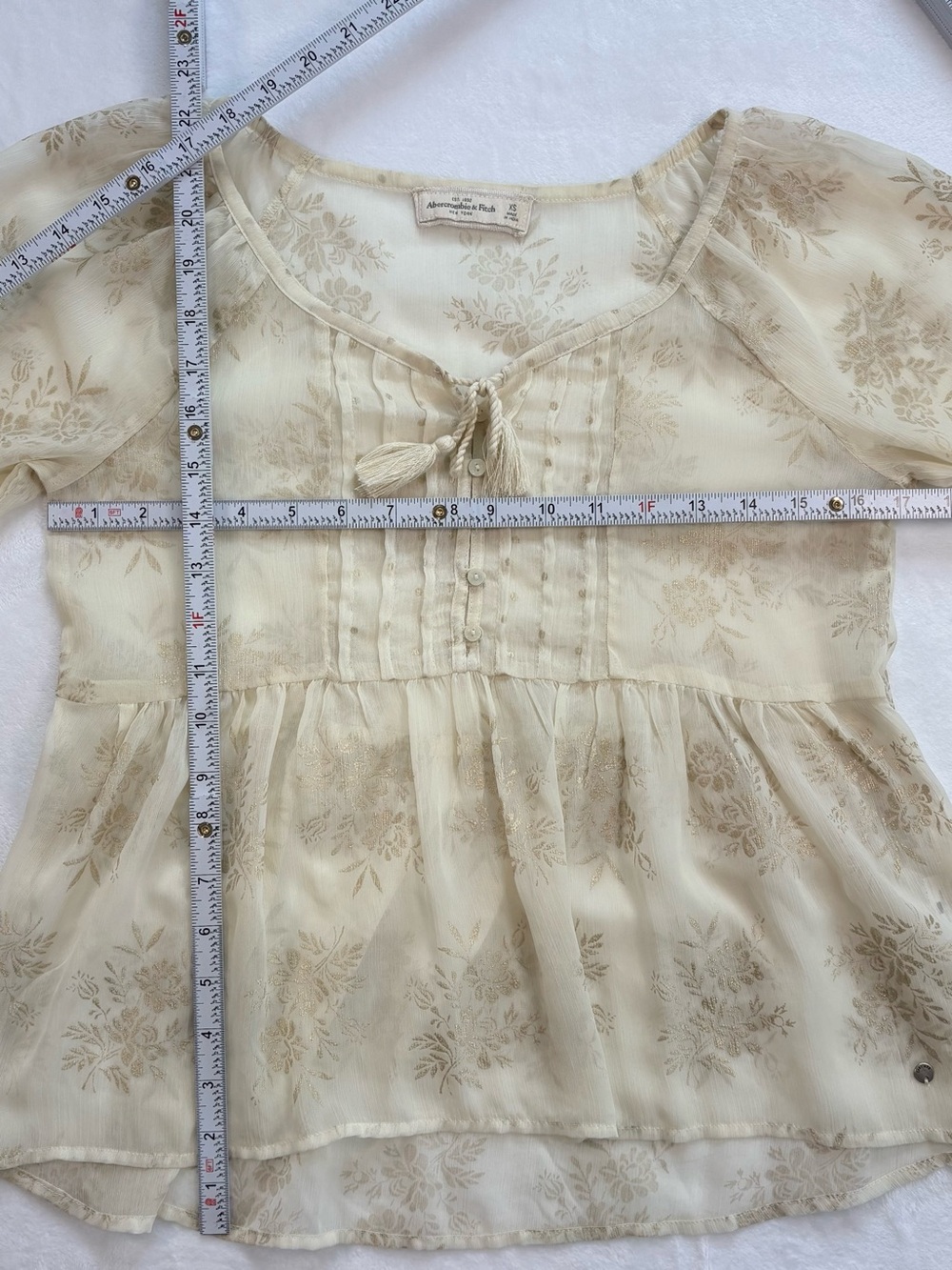 ABERCROMBIE & FITCH Ivory Sheer Babydoll Peasant Blouse Gold Metallic XS - Picture 7 of 7